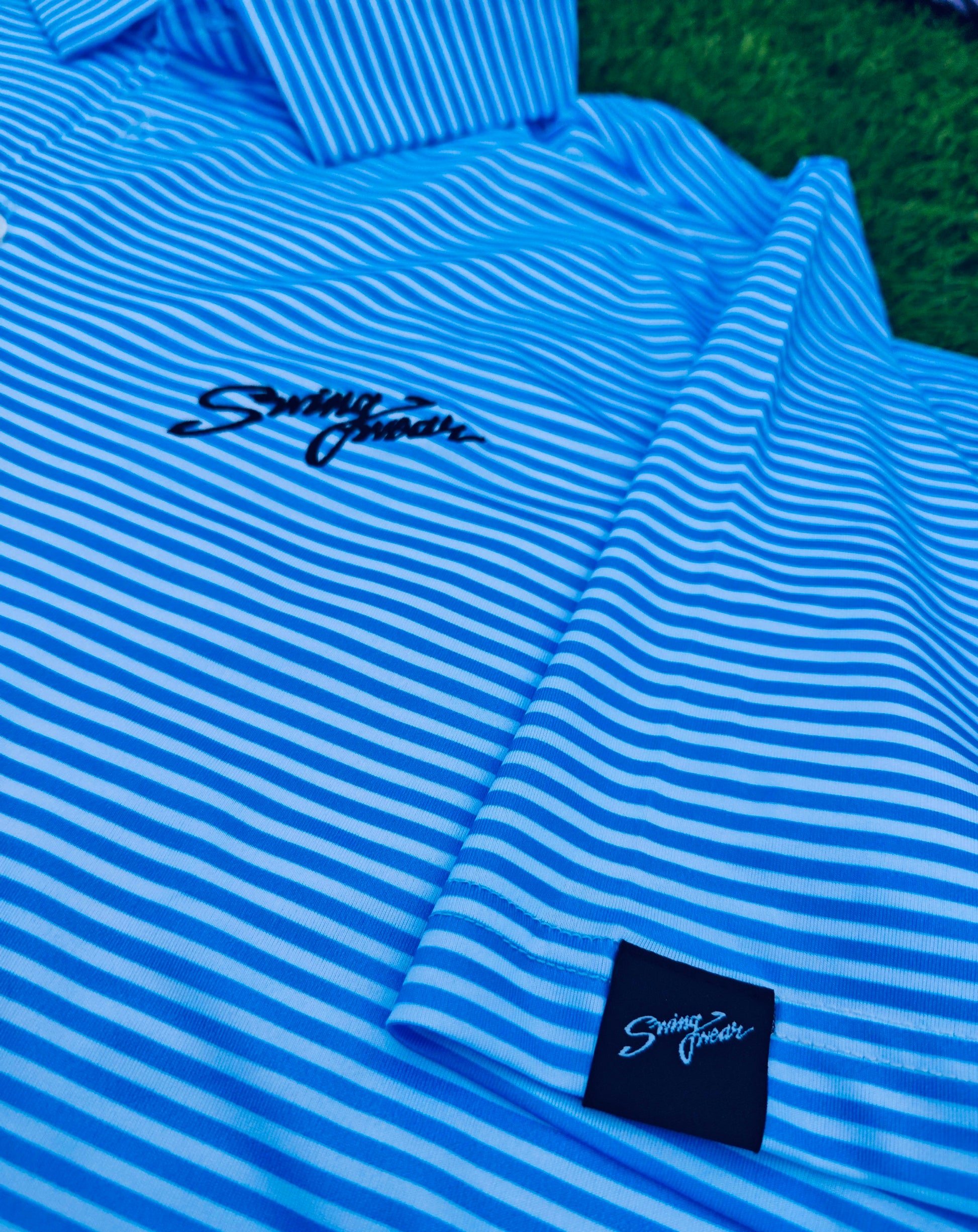 horizontal blue striped golf polo