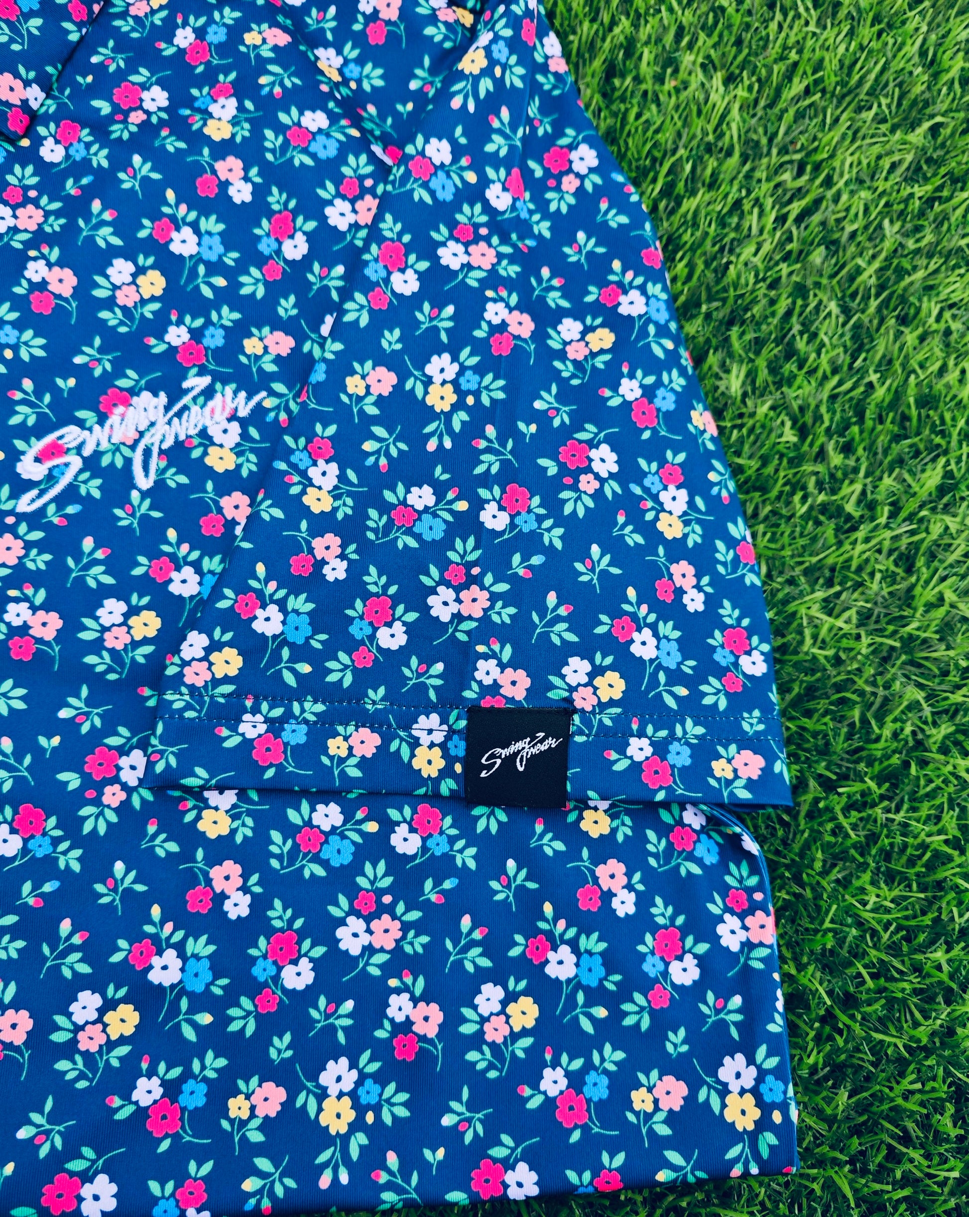 spring floral golf polo close up