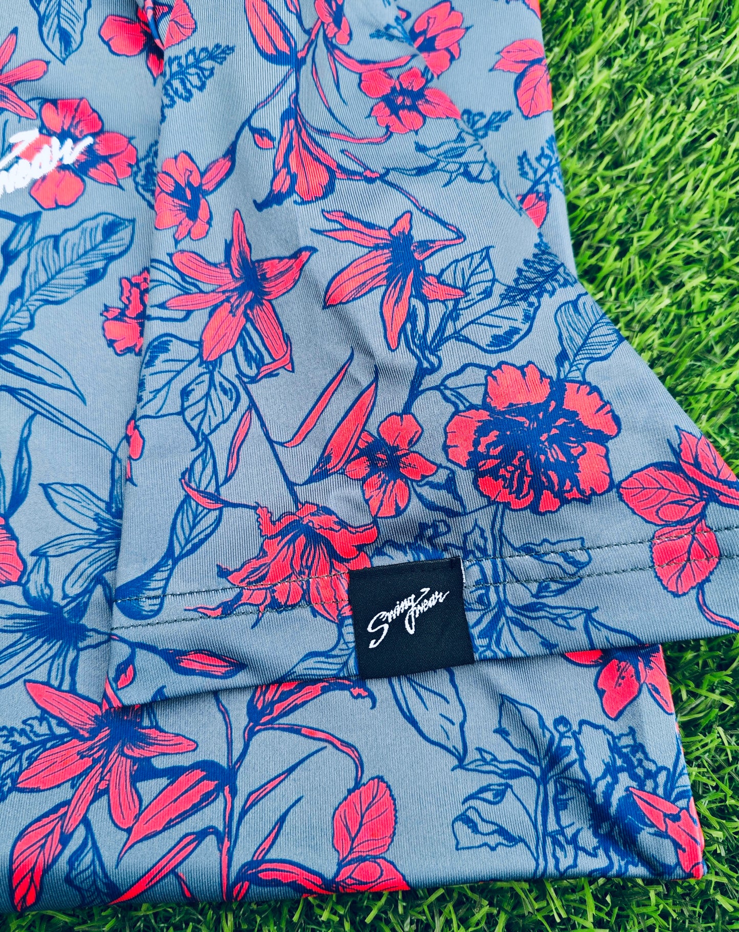 blooming floral golf polo close up