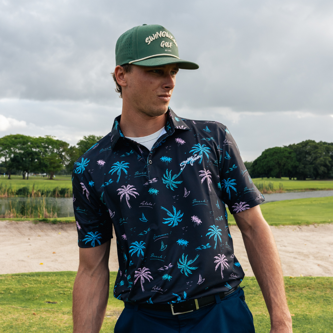 palm tree golf polo and green golf hat