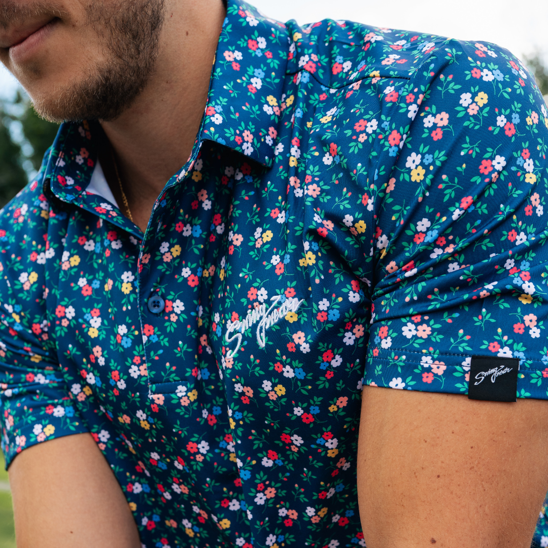 spring floral golf polo close up