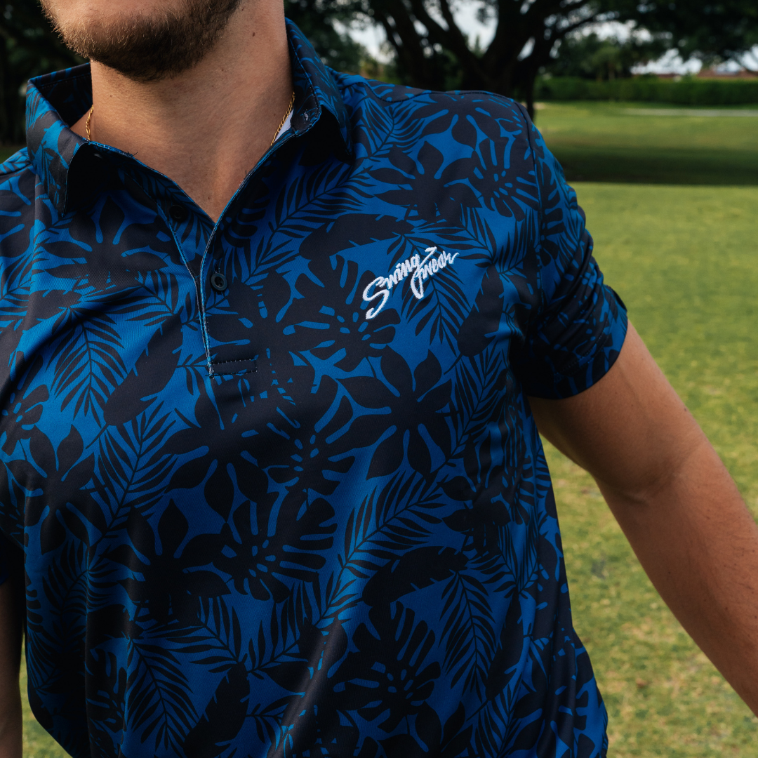 blue tropical golf polo close up