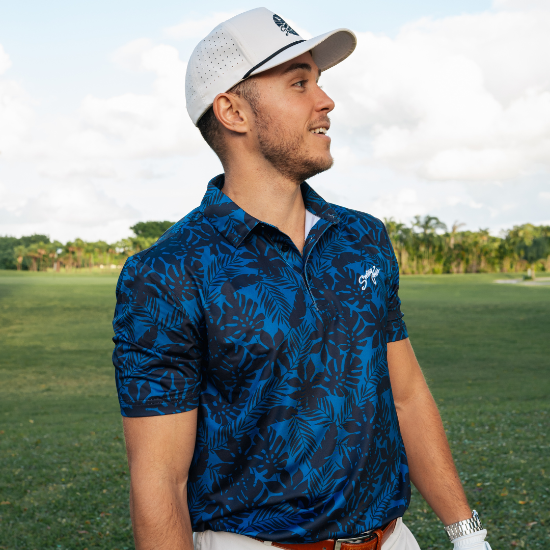 blue tropical golf polo